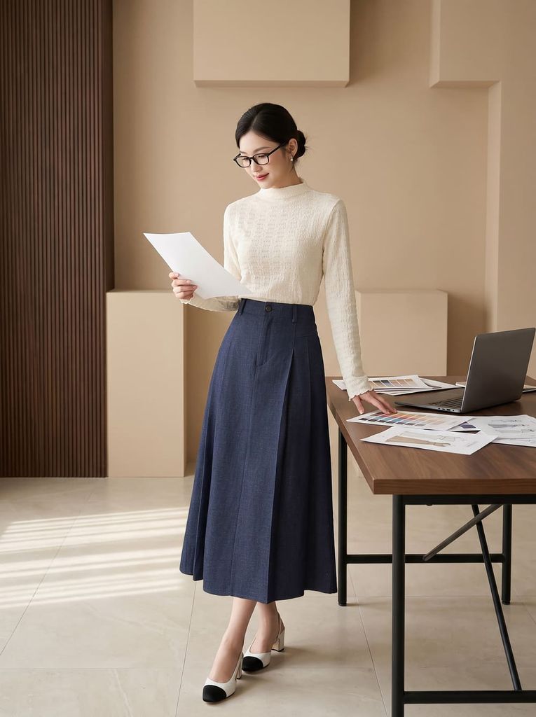  Chân váy denim xòe xếp ly hai bên 
