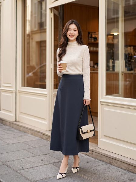  Chân váy đũi mềm dáng A cạp phẳng li trước 