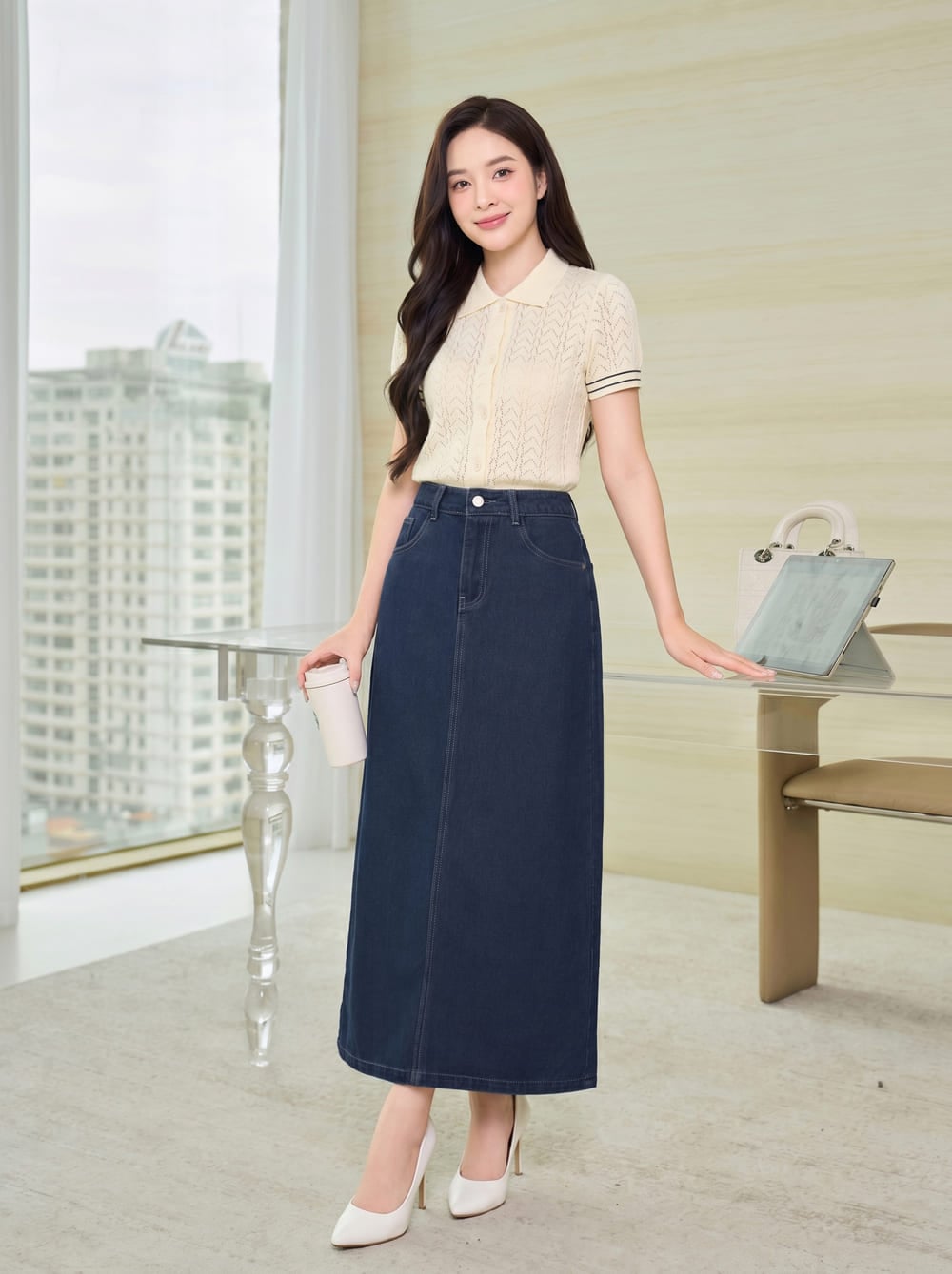Chân váy jean suông dài cạp cao xẻ sau