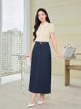  Chân váy jean suông dài cạp cao xẻ sau 