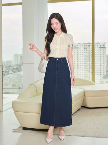  Chân váy jean suông dài cạp cao xẻ sau 