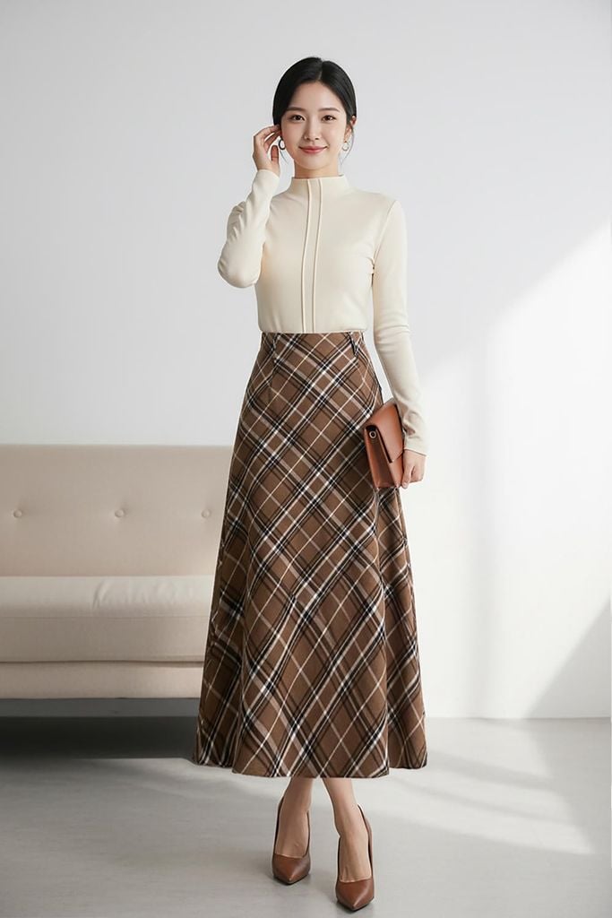 Chân váy dạ kẻ dáng dài thiết kế khóa kéo tinh tế 