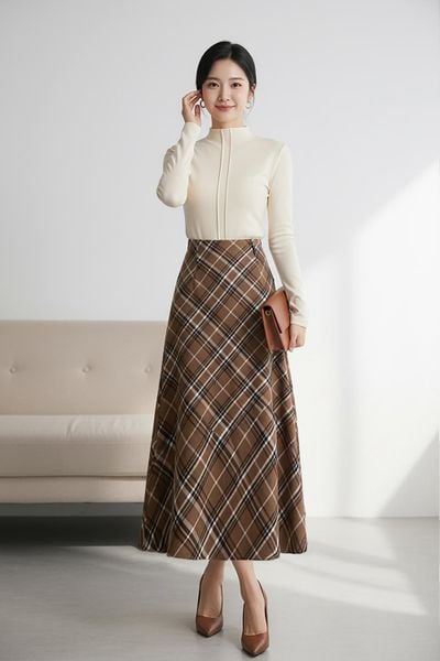  Chân váy dạ kẻ dáng dài thiết kế khóa kéo tinh tế 