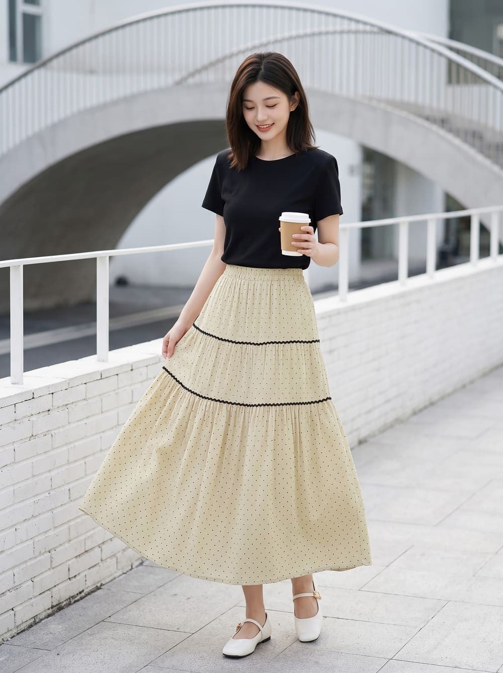 Chân váy linen chấm bi dáng xòe chia tầng phối ren