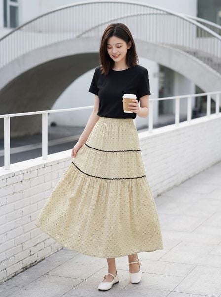  Chân váy linen chấm bi dáng xòe chia tầng phối ren 