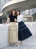  Chân váy linen chấm bi dáng xòe chia tầng phối ren 
