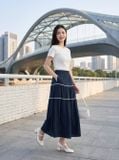  Chân váy linen chấm bi dáng xòe chia tầng phối ren 
