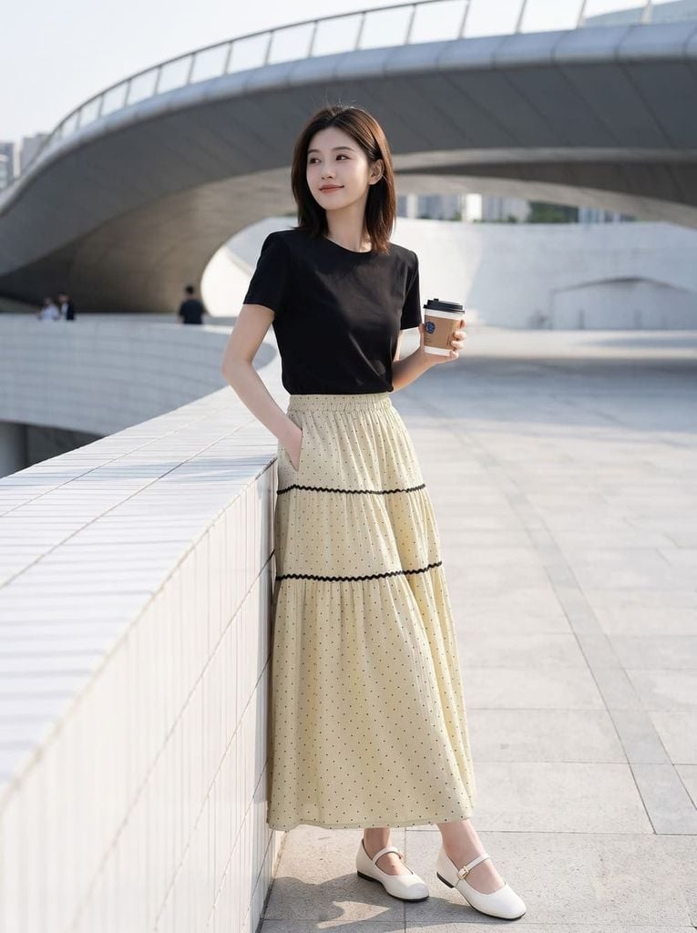  Chân váy linen chấm bi dáng xòe chia tầng phối ren 