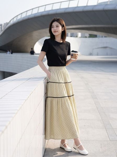  Chân váy linen chấm bi dáng xòe chia tầng phối ren 