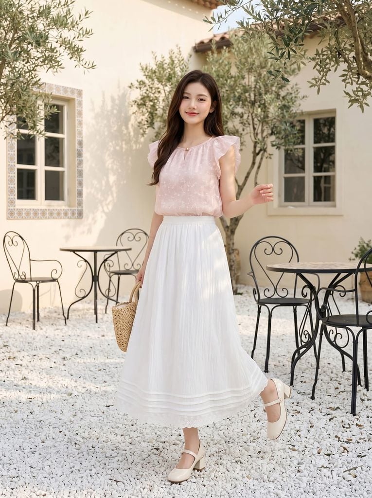  Chân váy thô gió maxi bấu ly phối gấu 