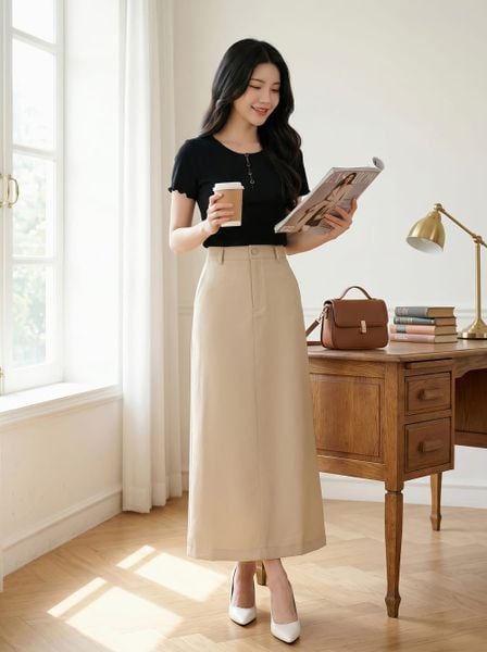  Chân váy Denim mềm dáng A dài xẻ sau thanh lịch 