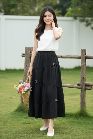 Chân váy Maxi vải thô gió nhún tầng kiểu lệch cạp chun