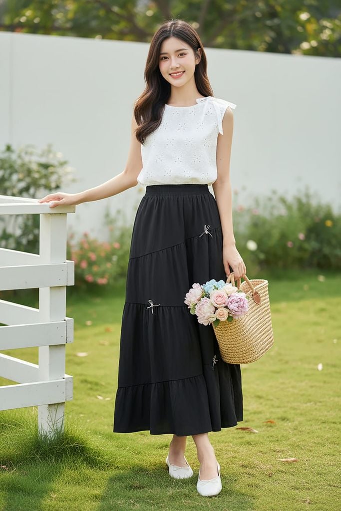  Chân váy Maxi vải thô gió nhún tầng kiểu lệch cạp chun 