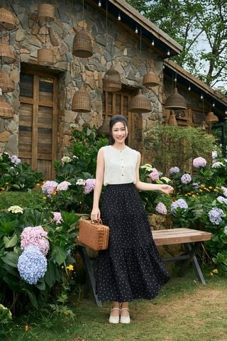 Chân váy maxi nhún tầng cạp chun
