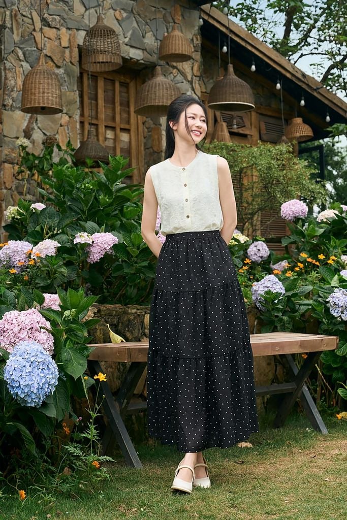  Chân váy maxi nhún tầng cạp chun 