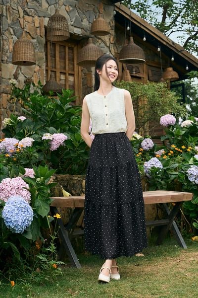  Chân váy maxi nhún tầng cạp chun 