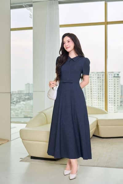  Đầm denim tay cộc cổ đức dáng xòe 