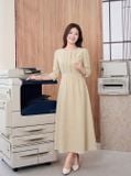  Đầm gân dọc cổ tròn trang trí ren 
