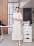  Đầm gân dọc cổ tròn trang trí ren 
