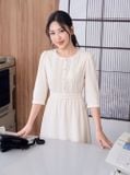  Đầm gân dọc cổ tròn trang trí ren 