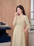  Đầm gân dọc cổ tròn trang trí ren 