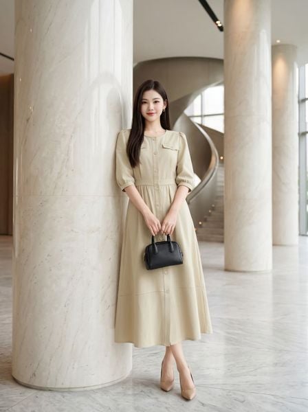  Đầm liền nẹp cài khuy túi ngực giả 
