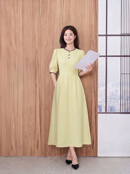  Đầm linen maxi cổ tròn viền ren 