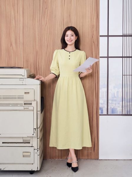  Đầm linen maxi cổ tròn viền ren 