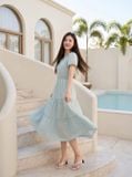  Đầm linen maxi tay cộc cổ V phối dây cúc dừa 