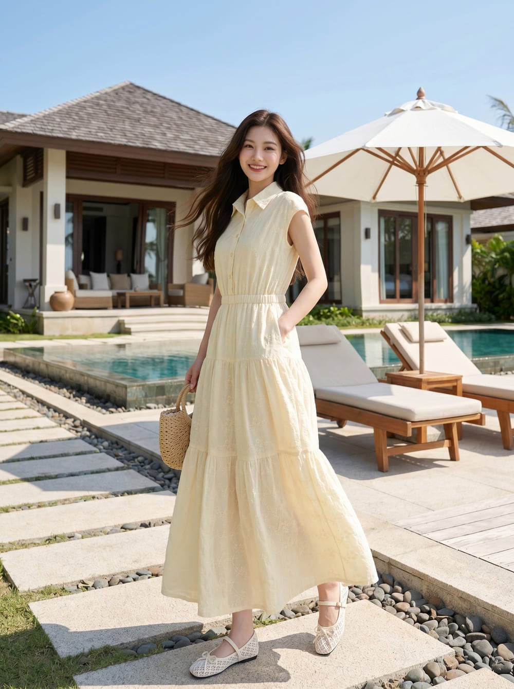 Đầm maxi thô thêu tay liền cổ đức chun eo