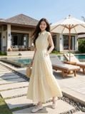  Đầm maxi thô thêu tay liền cổ đức chun eo 