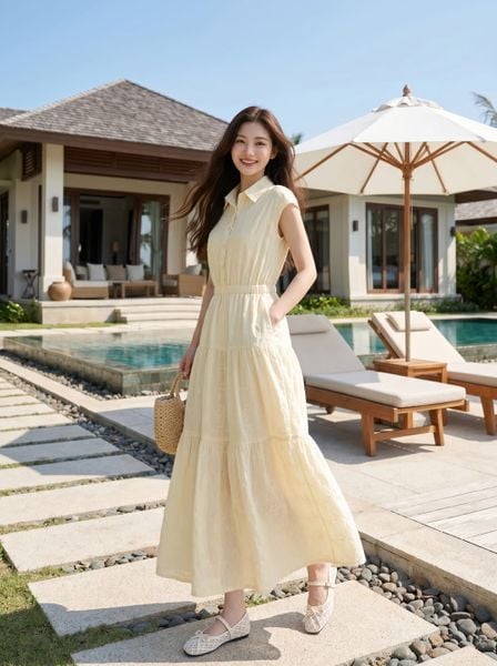 Đầm maxi thô thêu tay liền cổ đức chun eo 