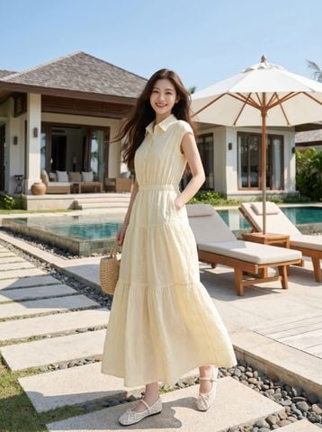 Đầm maxi thô thêu tay liền cổ đức chun eo