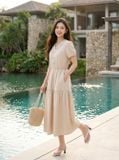  Đầm linen maxi tay cộc cổ V phối dây cúc dừa 