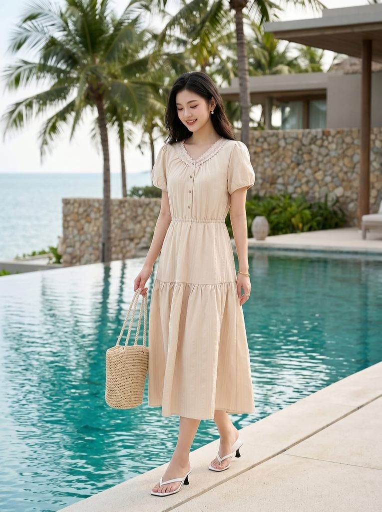  Đầm linen maxi tay cộc cổ V phối dây cúc dừa 