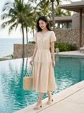  Đầm linen maxi tay cộc cổ V phối dây cúc dừa 