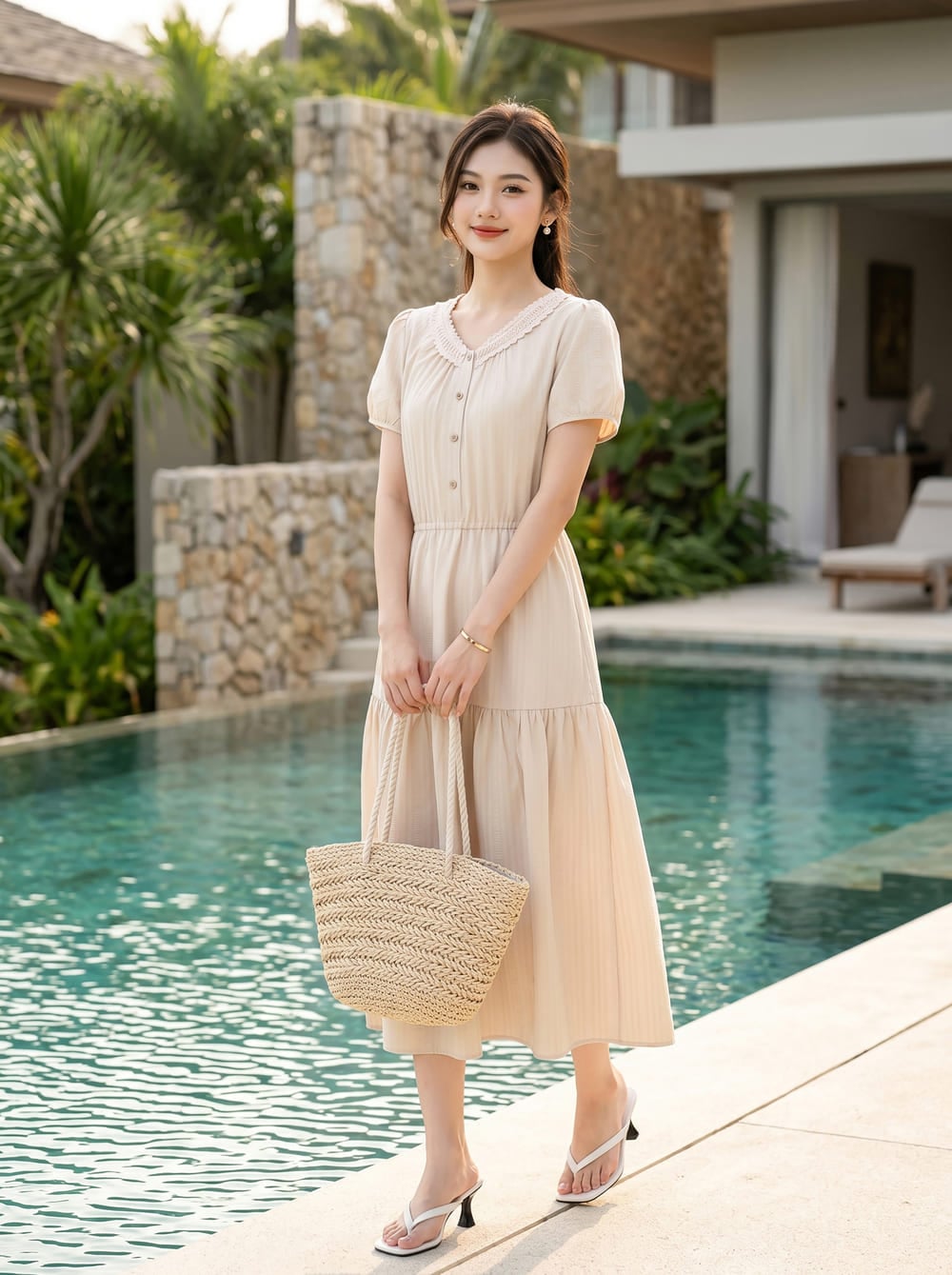 Đầm linen maxi tay cộc cổ V phối dây cúc dừa