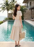  Đầm linen maxi tay cộc cổ V phối dây cúc dừa 