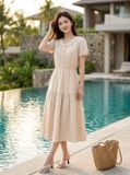  Đầm linen maxi tay cộc cổ V phối dây cúc dừa 