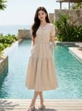  Đầm linen maxi tay cộc cổ V phối dây cúc dừa 
