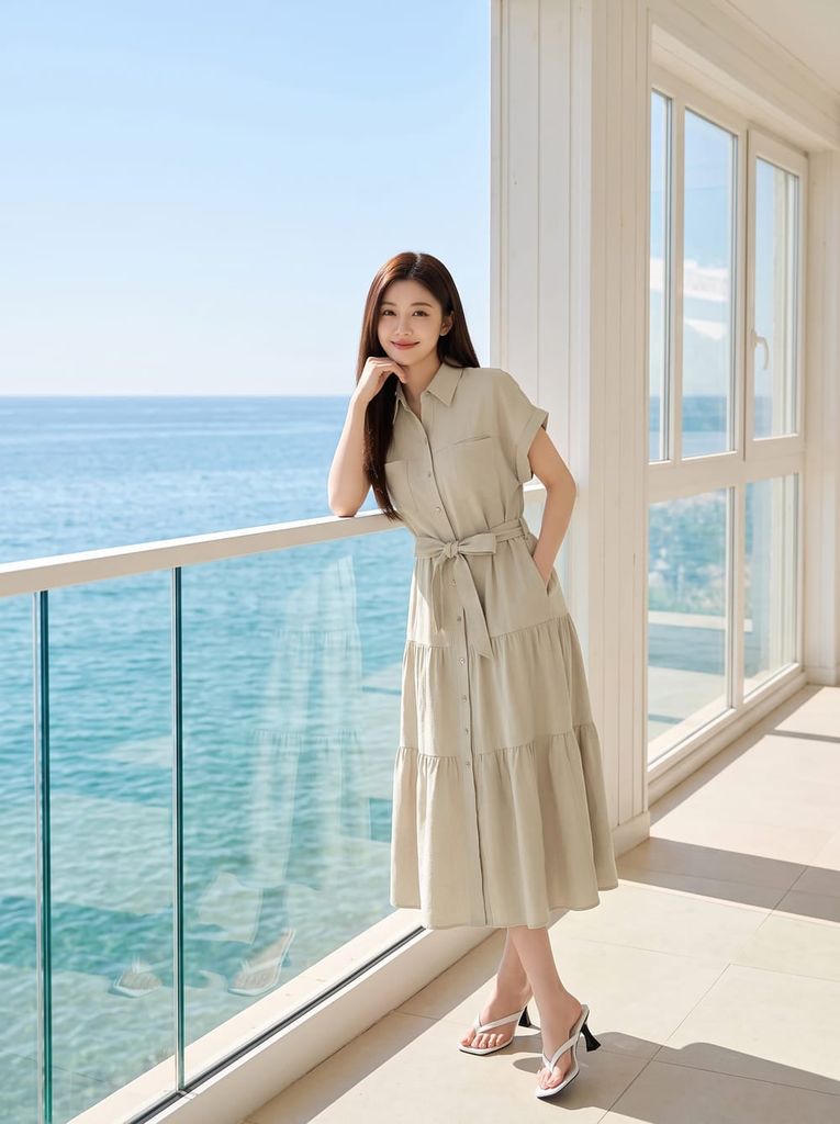  Đầm sơ mi linen dáng xòe cổ đức vai chồm đai rời 