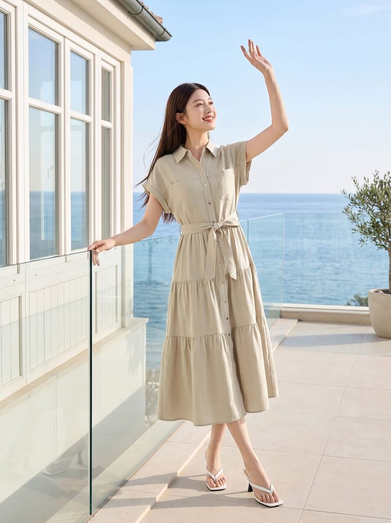  Đầm sơ mi linen dáng xòe cổ đức vai chồm đai rời 