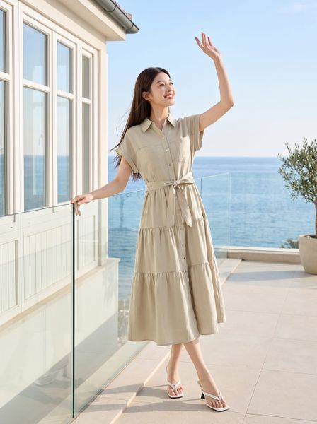  Đầm sơ mi linen dáng xòe cổ đức vai chồm đai rời 