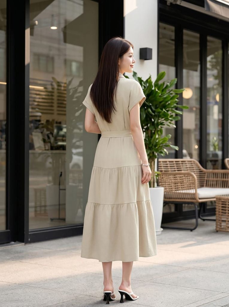  Đầm sơ mi dáng xòe đai trang trí 