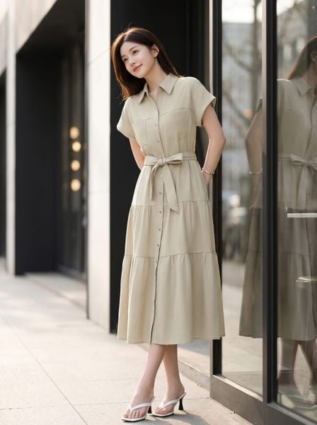  Đầm sơ mi dáng xòe đai trang trí 