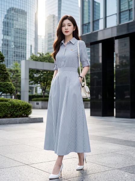  Đầm sơ mi tay cài đỉa đai liền chân rủ 