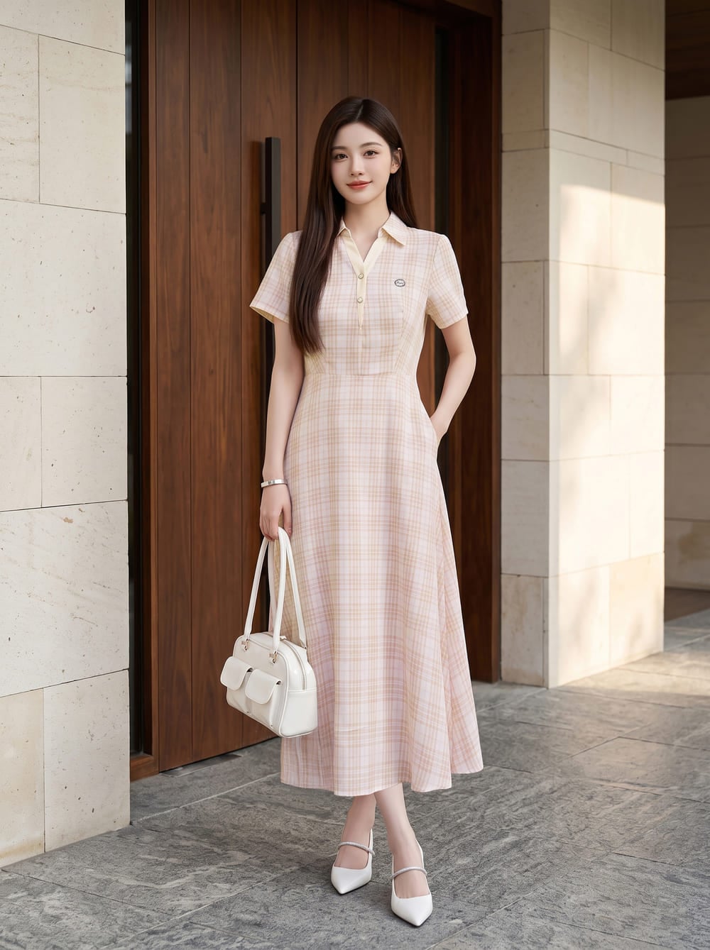 Đầm sơ mi thô kẻ cổ v có trang trí ngực