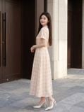  Đầm sơ mi thô kẻ cổ v có trang trí ngực 