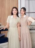  Đầm sơ mi thô kẻ chun eo, lá cổ khác màu 