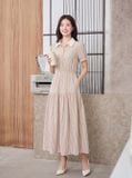  Đầm sơ mi thô kẻ chun eo, lá cổ khác màu 
